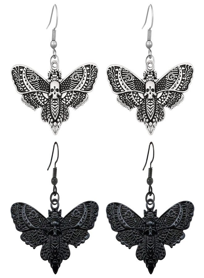 Kawailay 2 Pairs Gothic Moth Earrings Vintage Moth Butterfly Dangle Earrings Punk Rock Hip Hop Skull Drop Earrings for Women - Silver and Black - Image 1